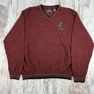 HAGGAR TOUR Large L Burgundy Grandpa Sweater‎ Embroidered V-Neck Pullover Golf
